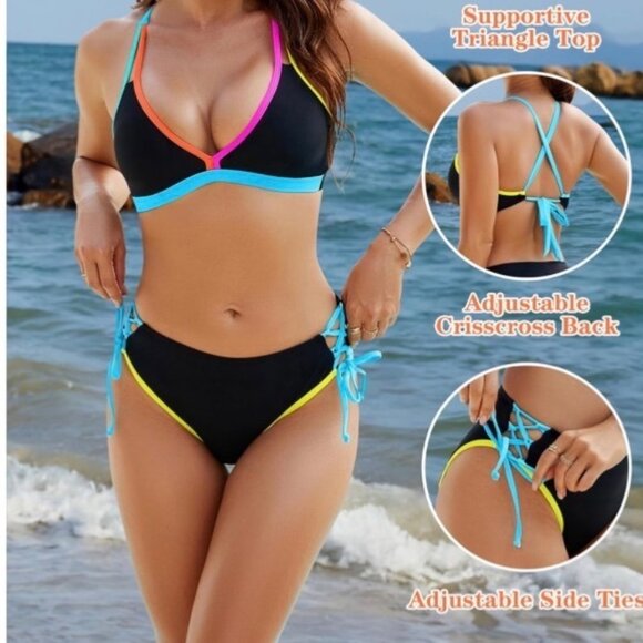 Blooming Jelly Womens Bikini L Black Neon Colorblock Crisscross 2 Piece Swimsuit - Picture 3 of 5